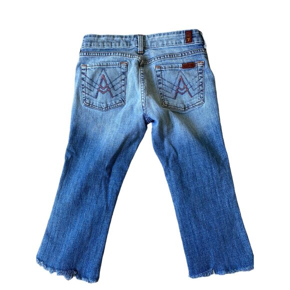 7 For All Man Kind Y2K Cropped Jeans Womens 26 Embroidered Pockets Raw  Hem Boho - Picture 1 of 13